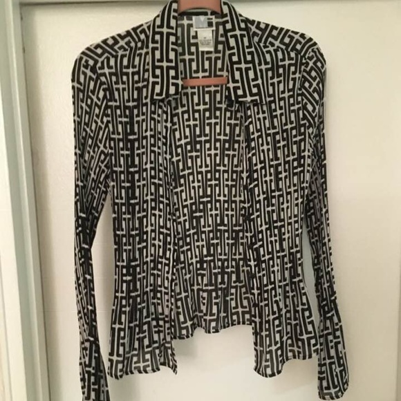 Crinkle black and white geometric print shirt M - Picture 2 of 8